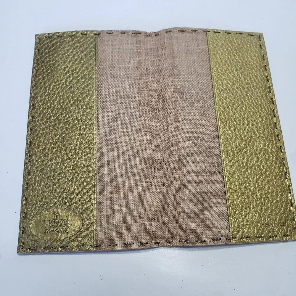 Fendi Selleria Wallet Metalic Gold Pebble Leather Wallet Bifold‎ Large Logo Glam